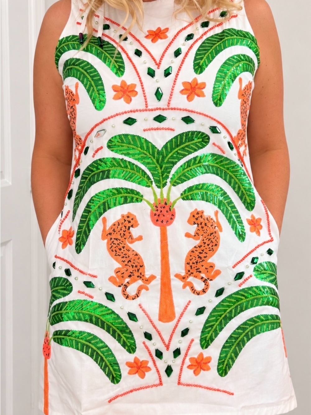 QUEEN OF SPARKLES White Shift Dress with Green Palm & Orange Leopard Embroidery